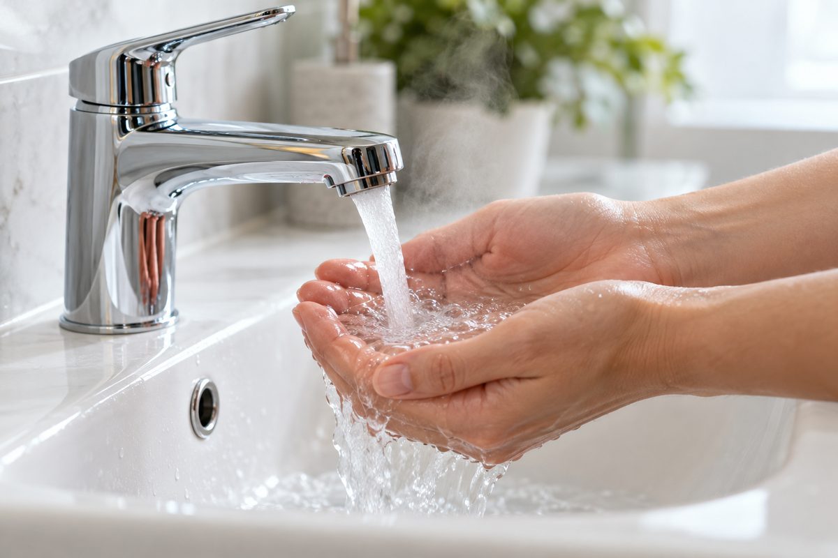 Струя тёплой воды из смесителя наполняет сложенные ладони над раковиной