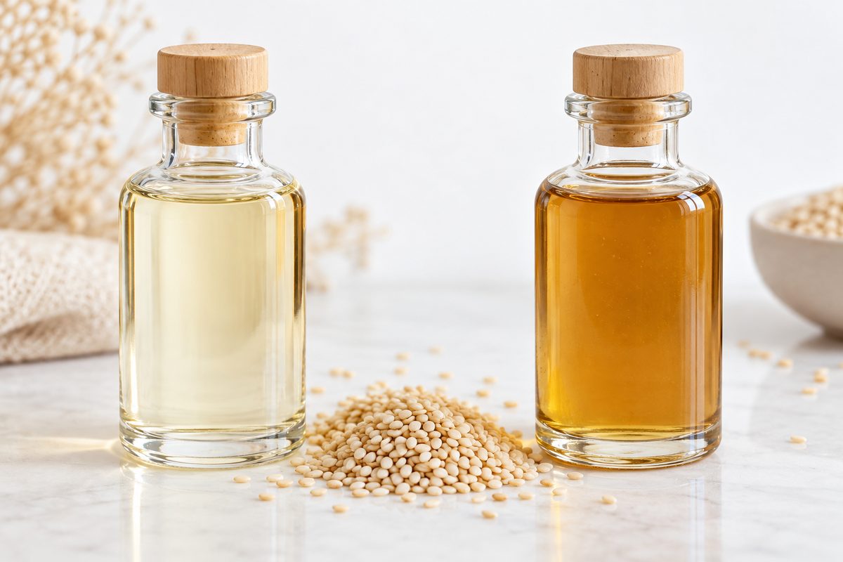 Рафинированное и нерафинированное кунжутное масло в двух одинаковых флаконах